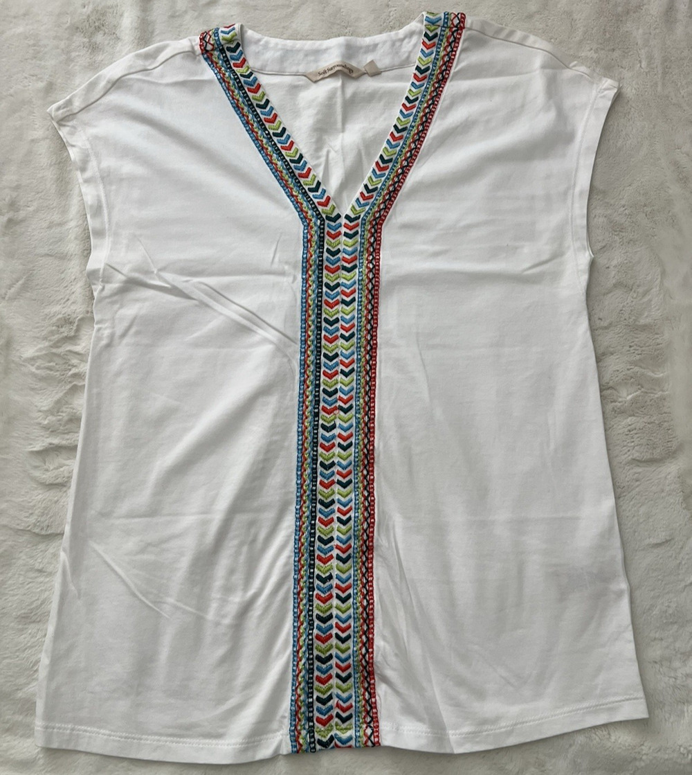Soft Surroundings Womens White Embroidered Tunic Top Boho Short Sleeve Sz S